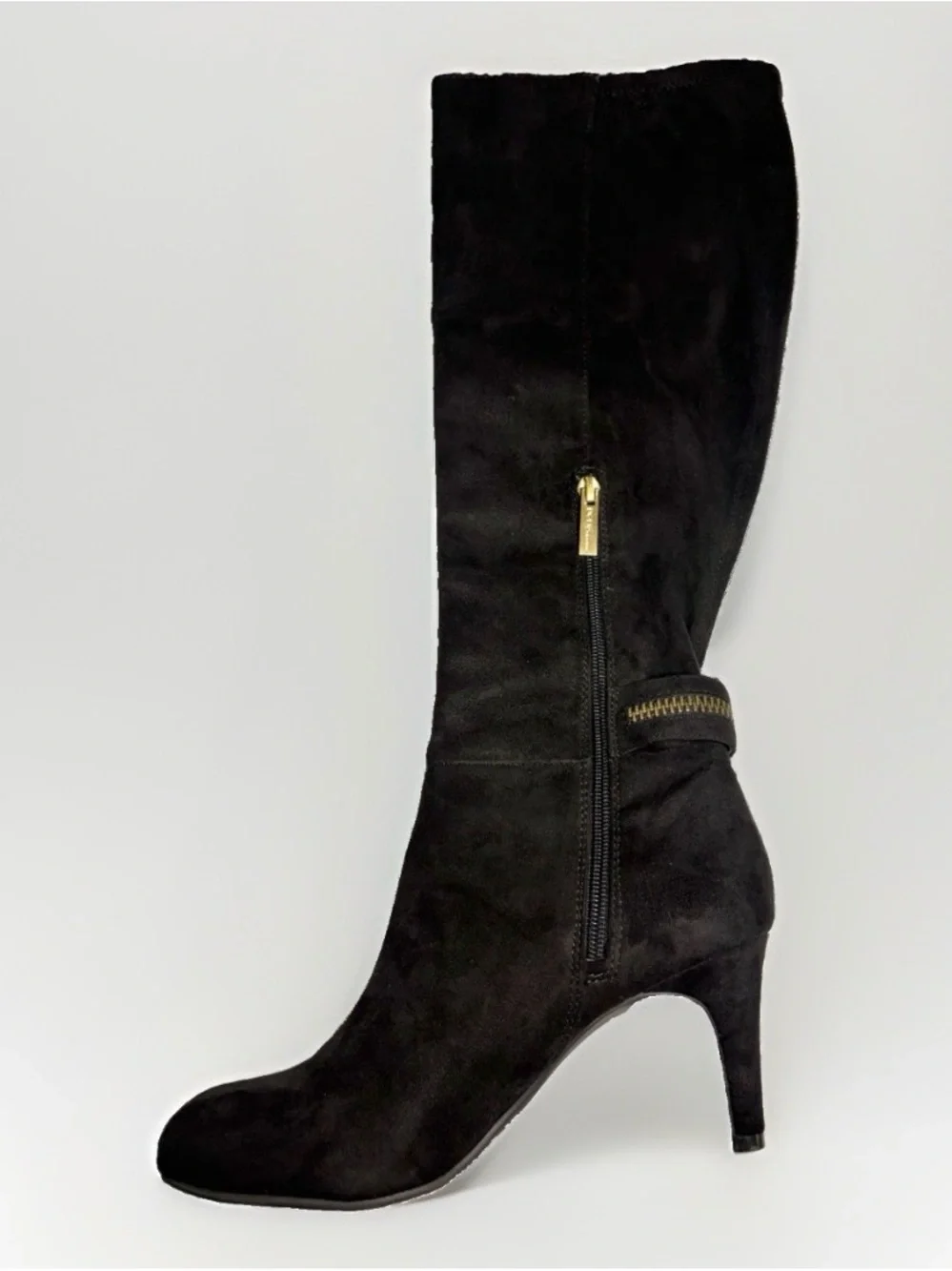 BCBG Black Over-the-Knee Suede Heeled Boots with Gold Zipper Detail